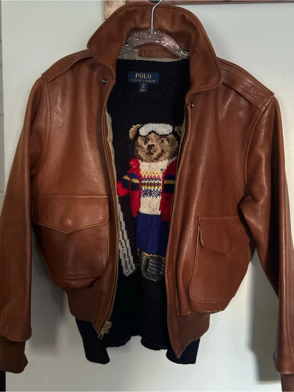 Vintage POLO Ralph Lauren Kids Brown Genuine Leather Bomber Jacket Coat